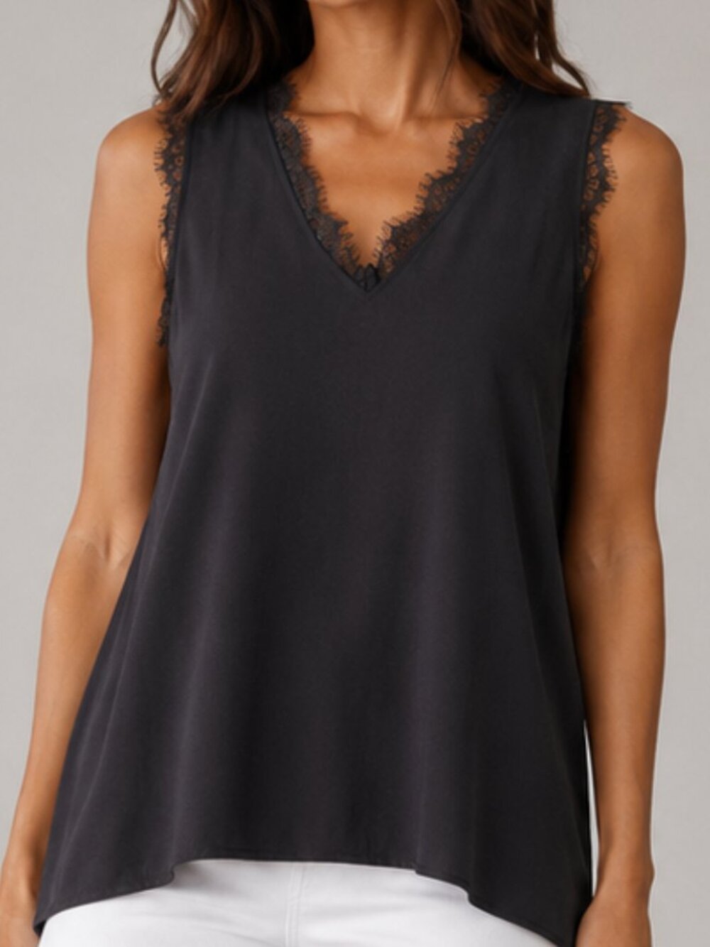 Black Eyelash Lace V-Neck Sleeveless Chiffon Blouse Tank Top Sz L NWOT